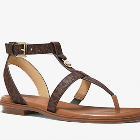 Michael Kors Sasha T-Strap Sandals Brown Coated Canvas MK Logo Women’s Size 6M - Picture 1 of 11